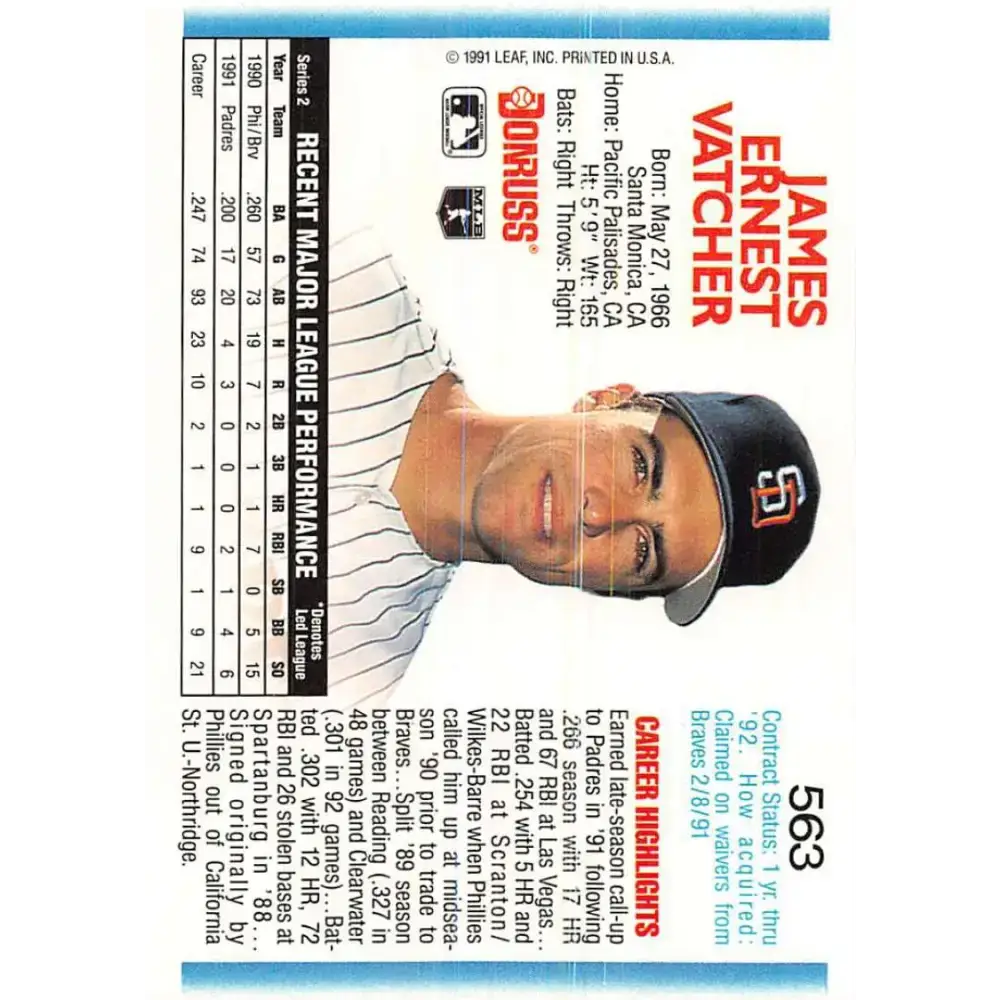 1992 Donruss #563 Jim Vatcher NM-MT San Diego Padres Baseball Card - Baseball Card Single
