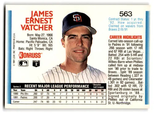 Original gloss Jim Vatcher baseball card 1992 Donruss Padres NM Near Mint ID 67166