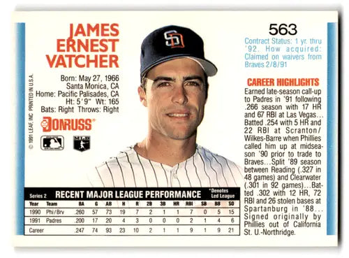 Original gloss Jim Vatcher baseball card 1992 Donruss Padres NM Near Mint ID 67170
