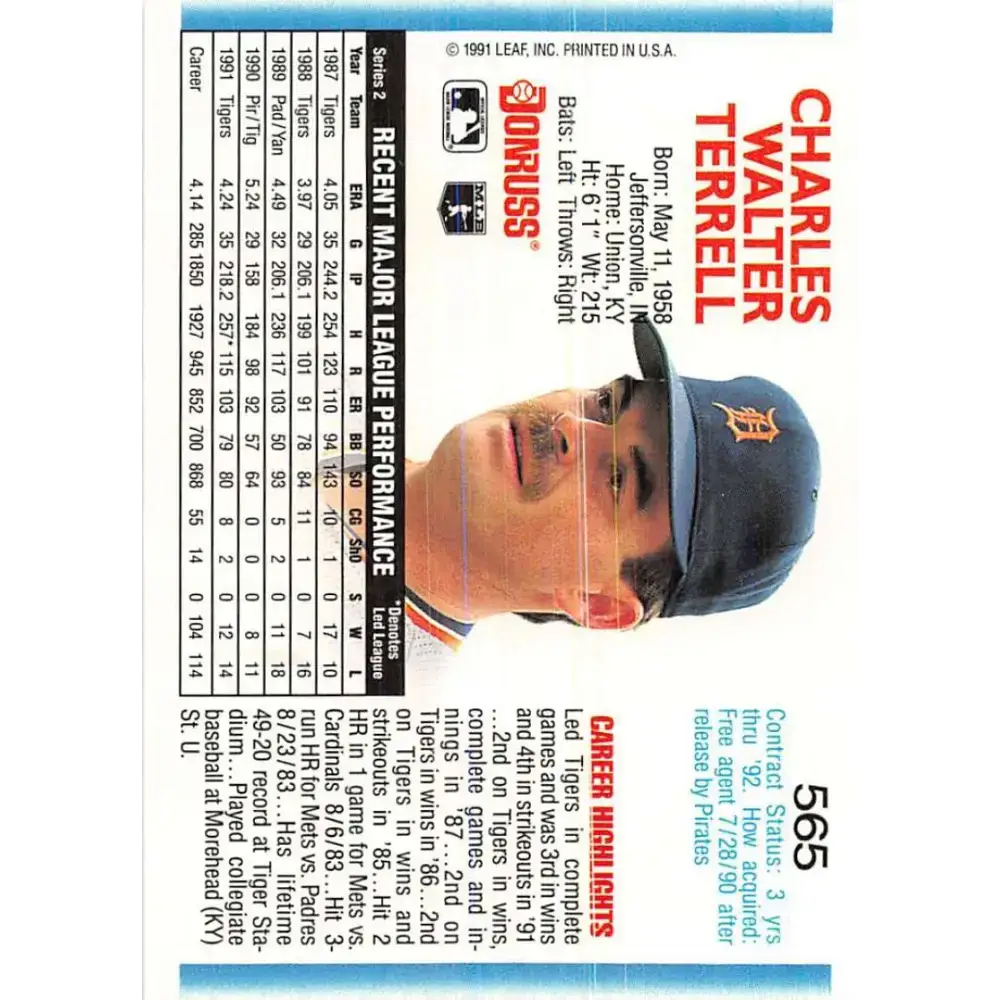 1992 Donruss #565 Walt Terrell NM-MT Detroit Tigers Baseball Card - Baseball Card Single