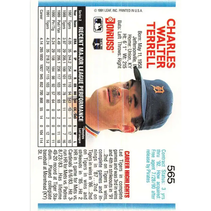 1992 Donruss #565 Walt Terrell NM-MT Detroit Tigers Baseball Card - Baseball Card Single