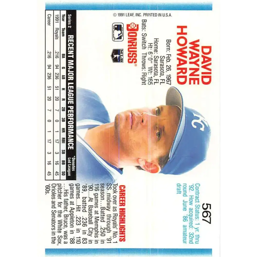 1992 Donruss #567 David Howard NM-MT Kansas City Royals Baseball Card - Baseball Card Single