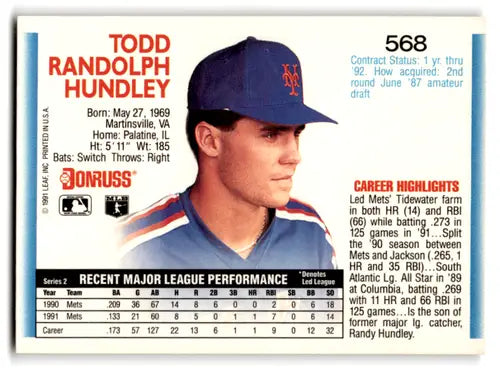 1992 Donruss #568 Todd Hundley NM Near Mint Mets ID:67167 - Baseball Card Single