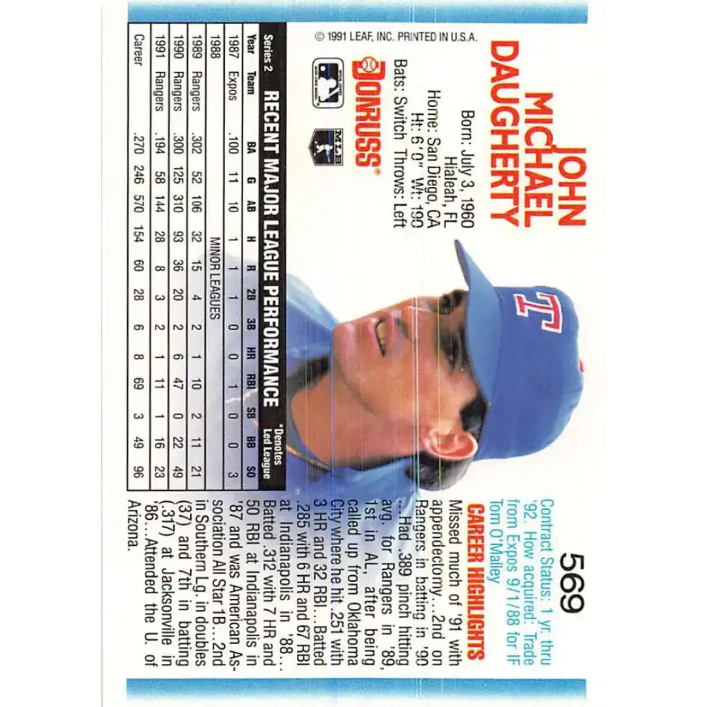 1992 Donruss #569 Jack Daugherty NM-MT Texas Rangers Baseball Card - Baseball Card Single