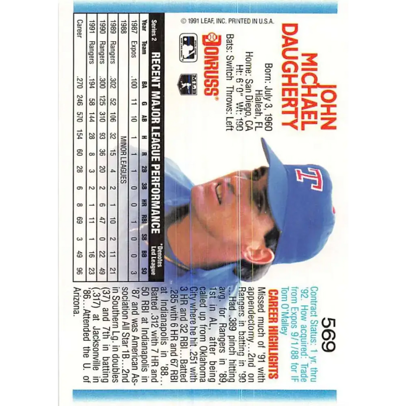 1992 Donruss #569 Jack Daugherty NM-MT Texas Rangers Baseball Card - Baseball Card Single
