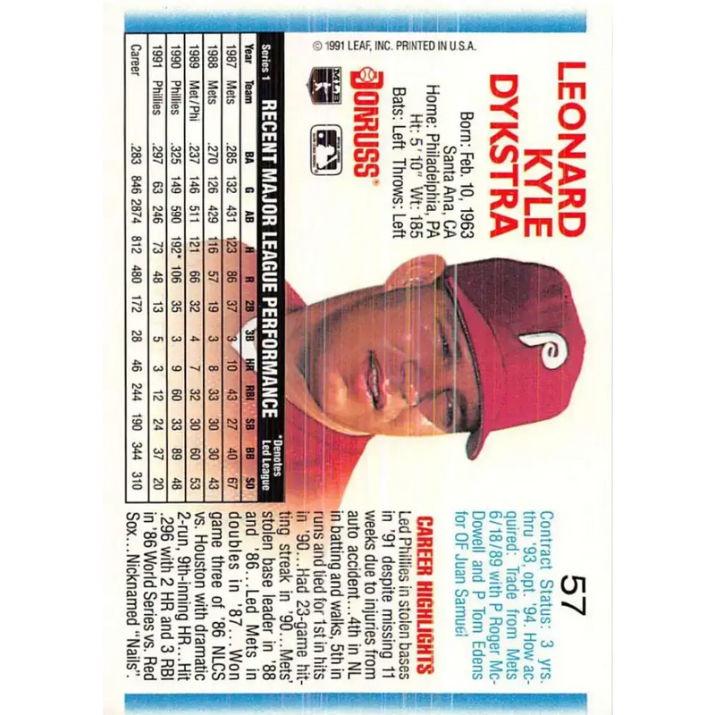 1992 Donruss #57 Lenny Dykstra NM-MT Philadelphia Phillies Baseball Card - Baseball Card Single