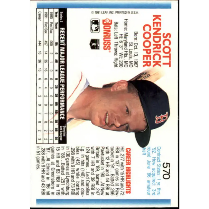 1992 Donruss #570 Scott Cooper NM-MT Boston Red Sox Baseball Card - Baseball Card Single