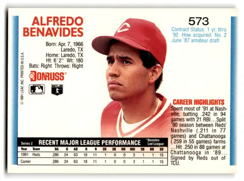 Alfredo Benavides baseball card 1992 Donruss Freddie Benavides NM Near Mint Reds original gloss