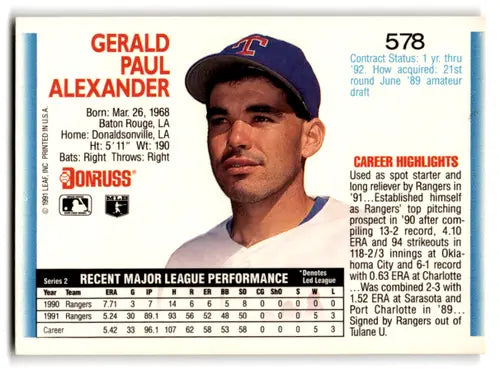 Original gloss 1992 Donruss Gerald Alexander baseball card Mint Rangers ID 67169