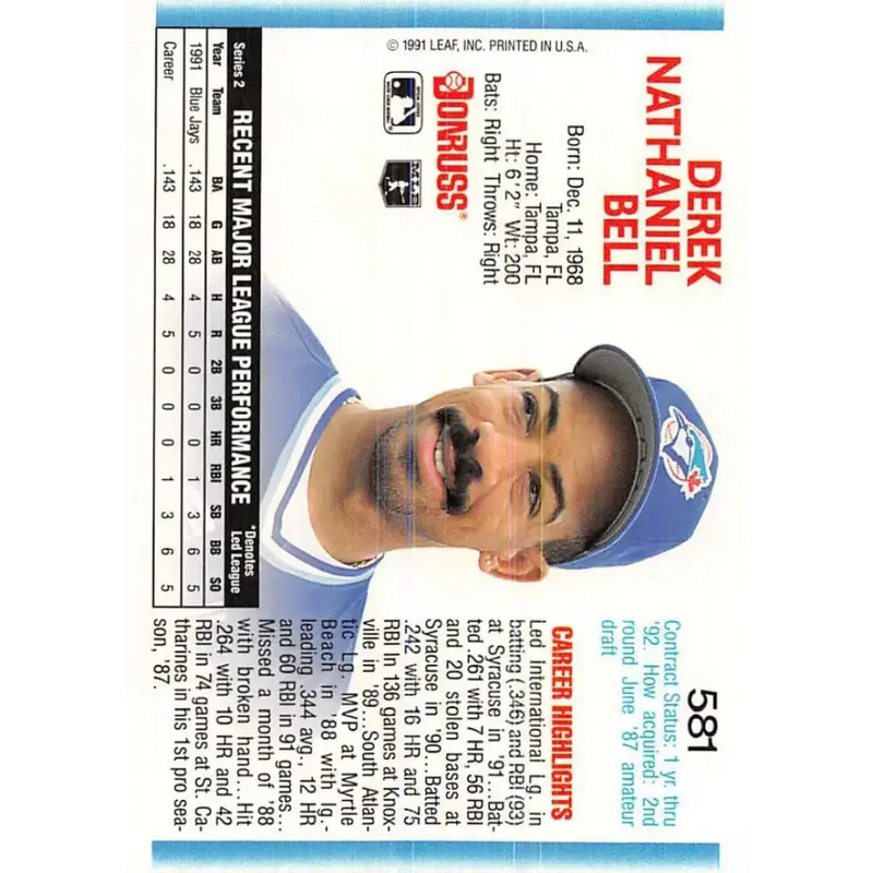 1992 Donruss #581 Derek Bell NM-MT Toronto Blue Jays Baseball Card - Baseball Card Single