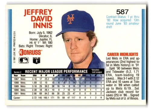 1991 Donruss Jeff Innis baseball card with original gloss, near mint Mets collectible