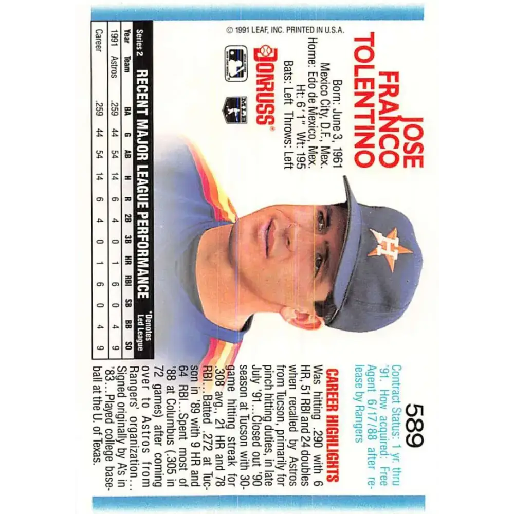1992 Donruss #589 Jose Tolentino NM-MT Houston Astros Baseball Card - Baseball Card Single