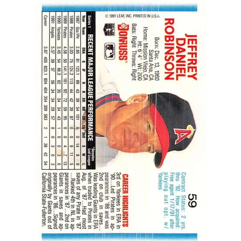 1992 Donruss #59 Jeff Robinson NM-MT California Angels Baseball Card - Baseball Card Single