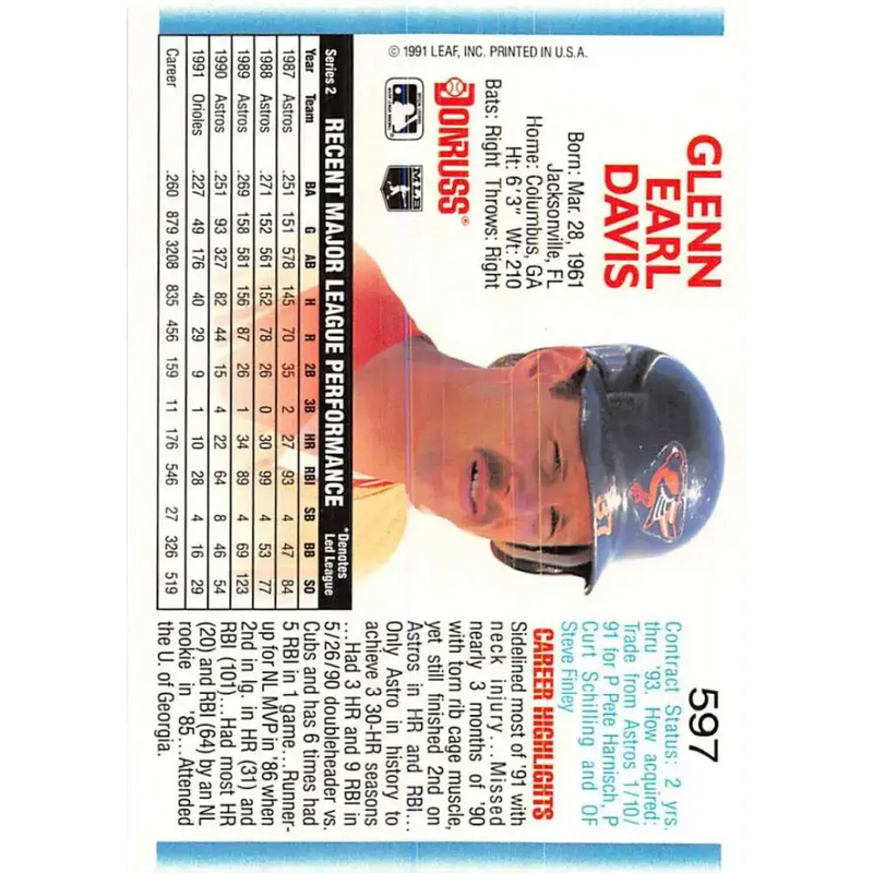 1992 Donruss #597 Glenn Davis NM-MT Baltimore Orioles Baseball Card - Baseball Card Single
