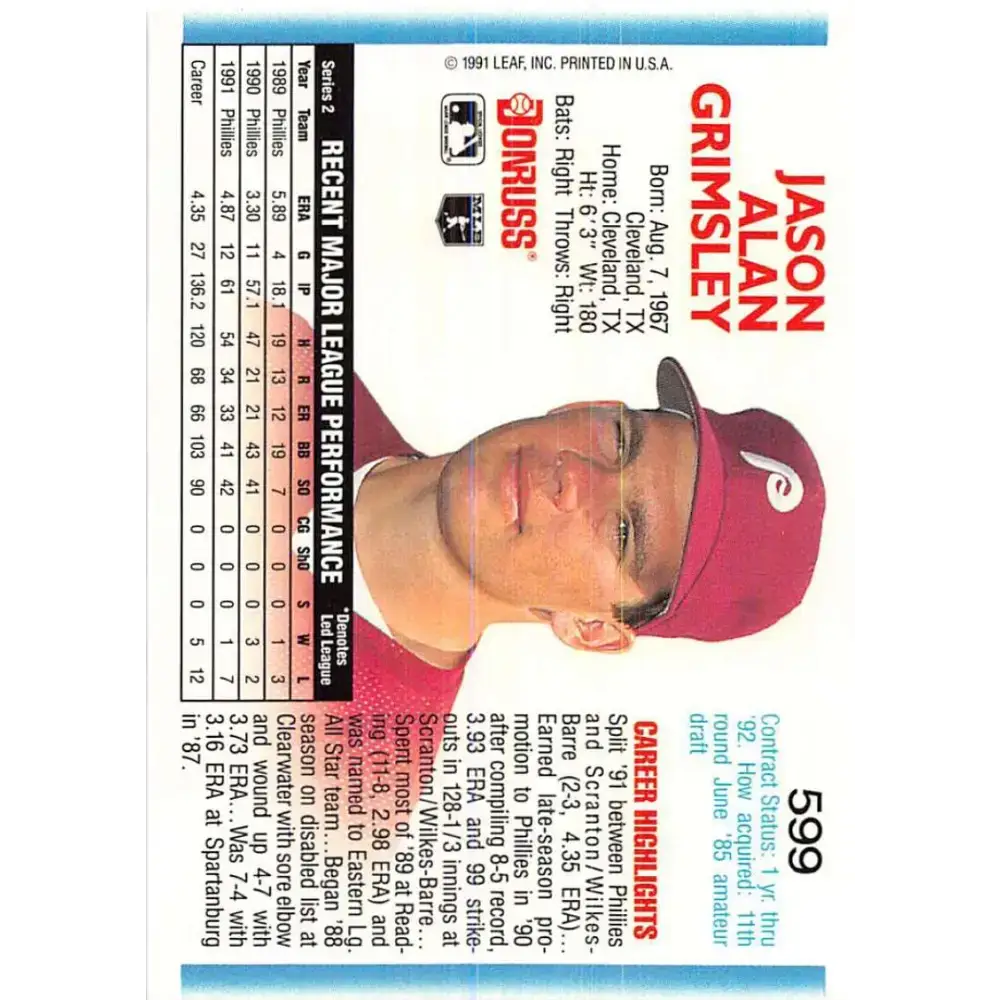 1992 Donruss #599 Jason Grimsley NM-MT Philadelphia Phillies Baseball Card - Baseball Card Single