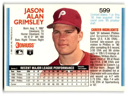 Jason Grimsley baseball card with original gloss from 1992 Donruss Philadelphia Phillies