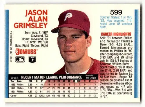 Original gloss Phillies baseball Jason Grimsley Philadelphia card from 1992 Donruss