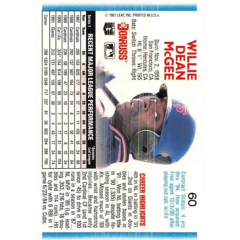 1992 Donruss #60 Willie McGee NM-MT San Francisco Giants Baseball Card - Baseball Card Single