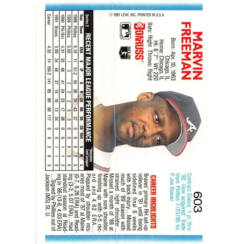 1992 Donruss #603 Marvin Freeman NM-MT Atlanta Braves Baseball Card - Baseball Card Single