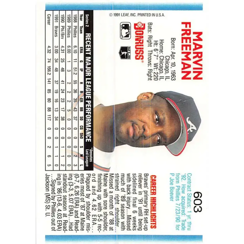 1992 Donruss #603 Marvin Freeman NM-MT Atlanta Braves Baseball Card - Baseball Card Single