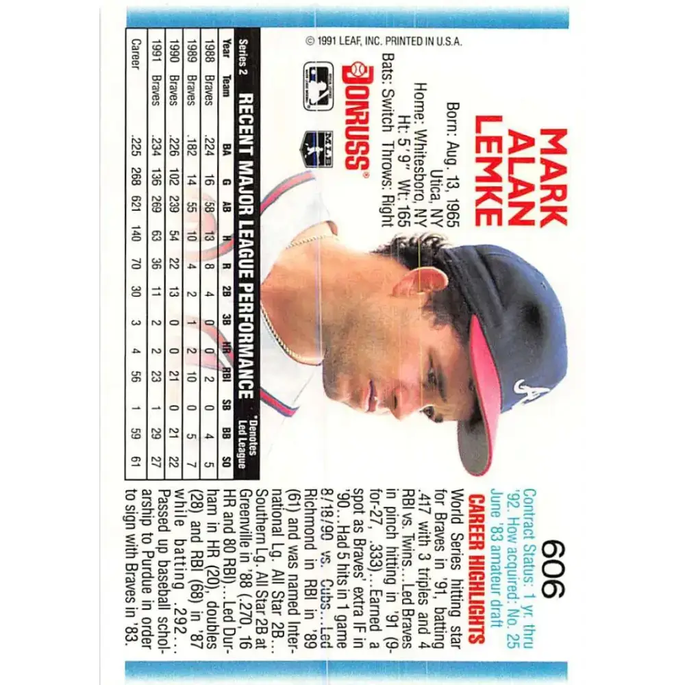 1992 Donruss #606 Mark Lemke NM-MT Atlanta Braves Baseball Card - Baseball Card Single