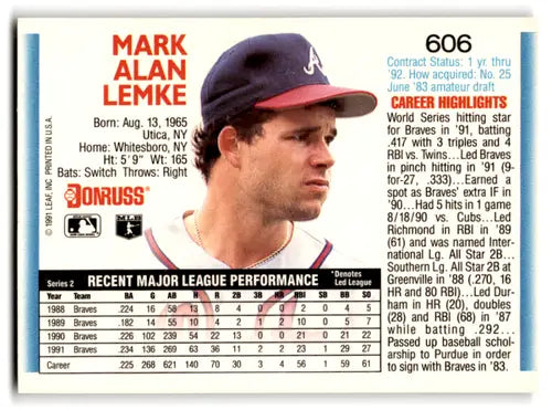 1992 Donruss #606 Mark Lemke NM Near Mint Braves ID:67103 - Baseball Card Single