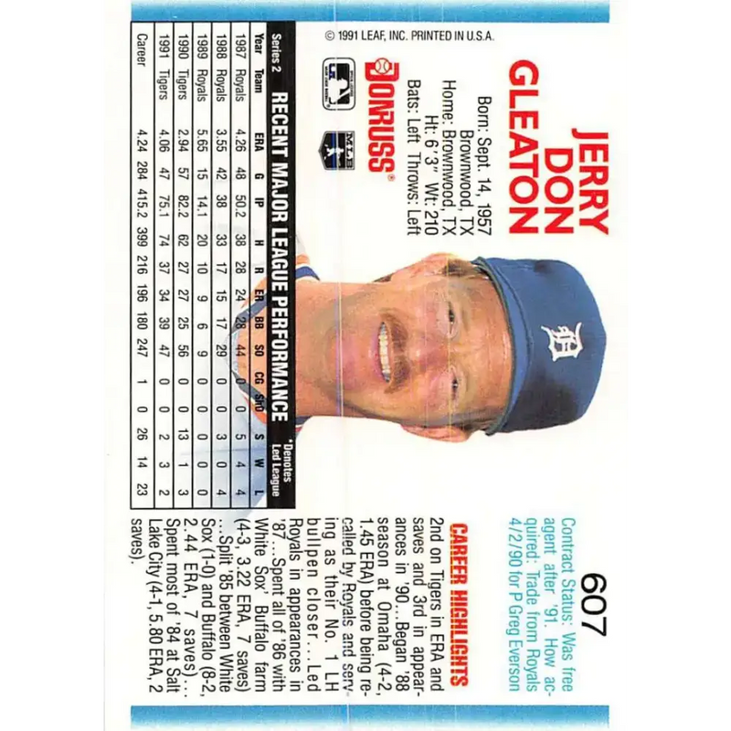 1992 Donruss #607 Jerry Don Gleaton NM-MT Detroit Tigers Baseball Card - Baseball Card Single