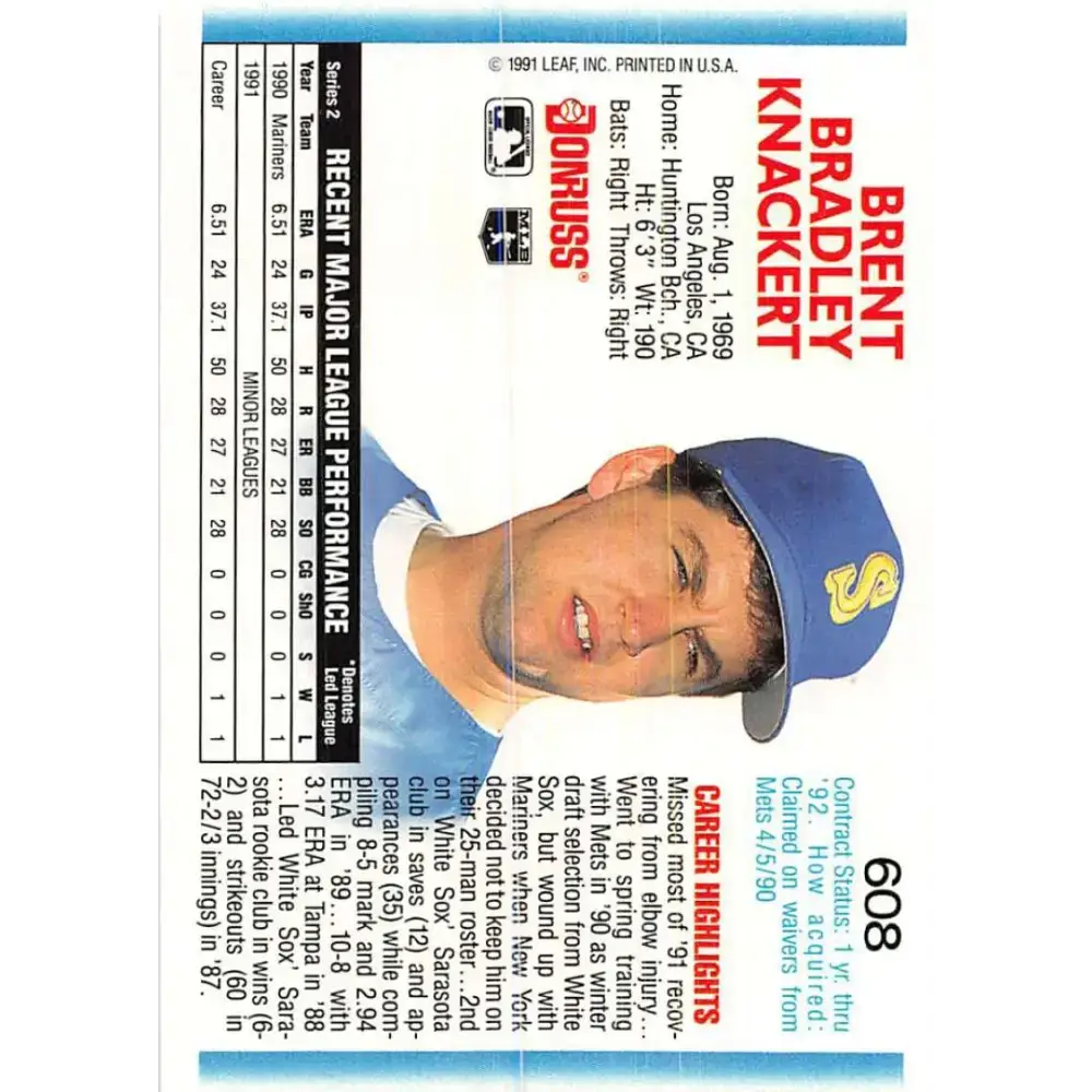 1992 Donruss #608 Brent Knackert NM-MT Seattle Mariners Baseball Card - Baseball Card Single