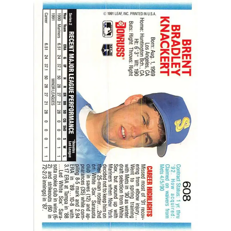 1992 Donruss #608 Brent Knackert NM-MT Seattle Mariners Baseball Card - Baseball Card Single