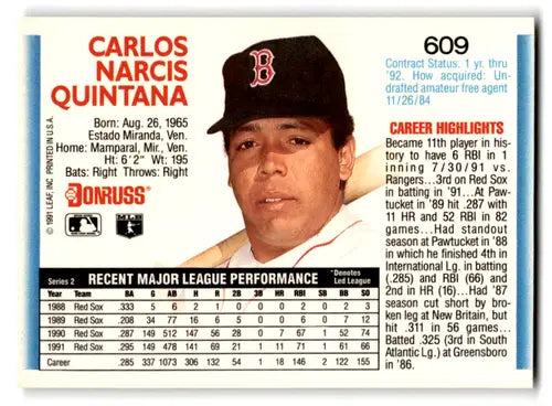 Original gloss Carlos Quintana baseball card from 1992 Donruss featuring Mint Red Sox ID 67091