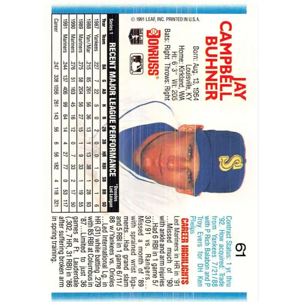 1992 Donruss #61 Jay Buhner NM-MT Seattle Mariners Baseball Card - Baseball Card Single
