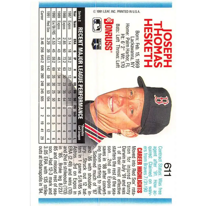 1992 Donruss #611 Joe Hesketh NM-MT Boston Red Sox Baseball Card - Baseball Card Single