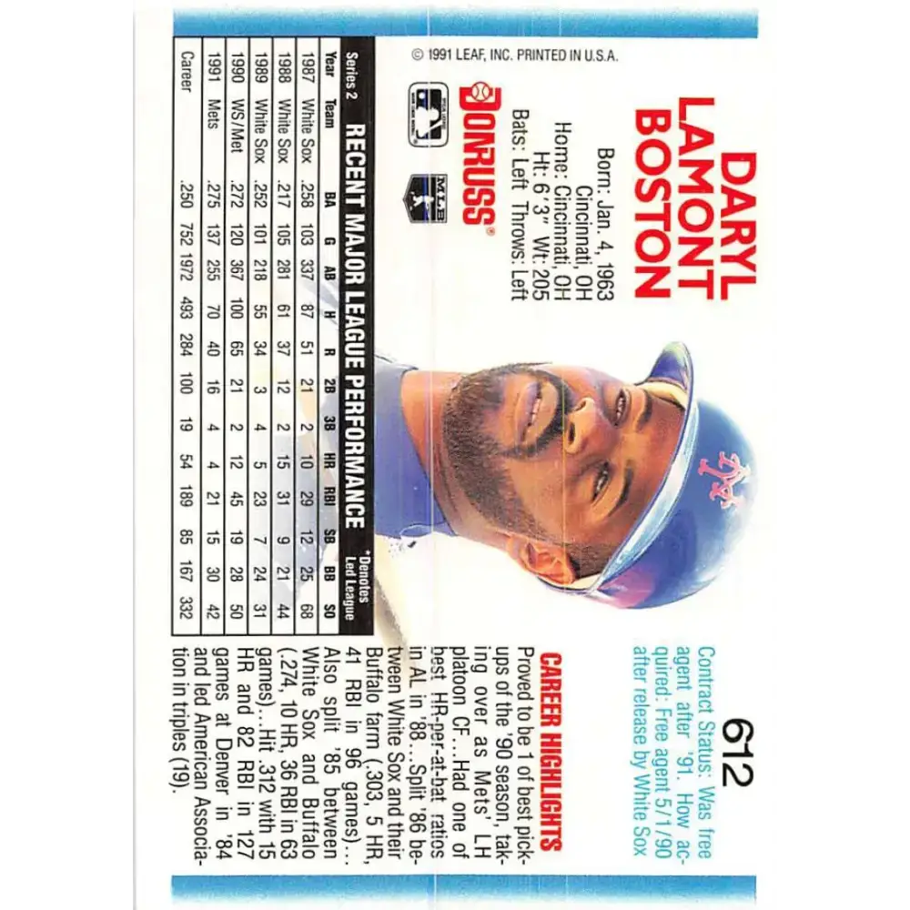 1992 Donruss #612 Daryl Boston NM-MT New York Mets Baseball Card - Baseball Card Single