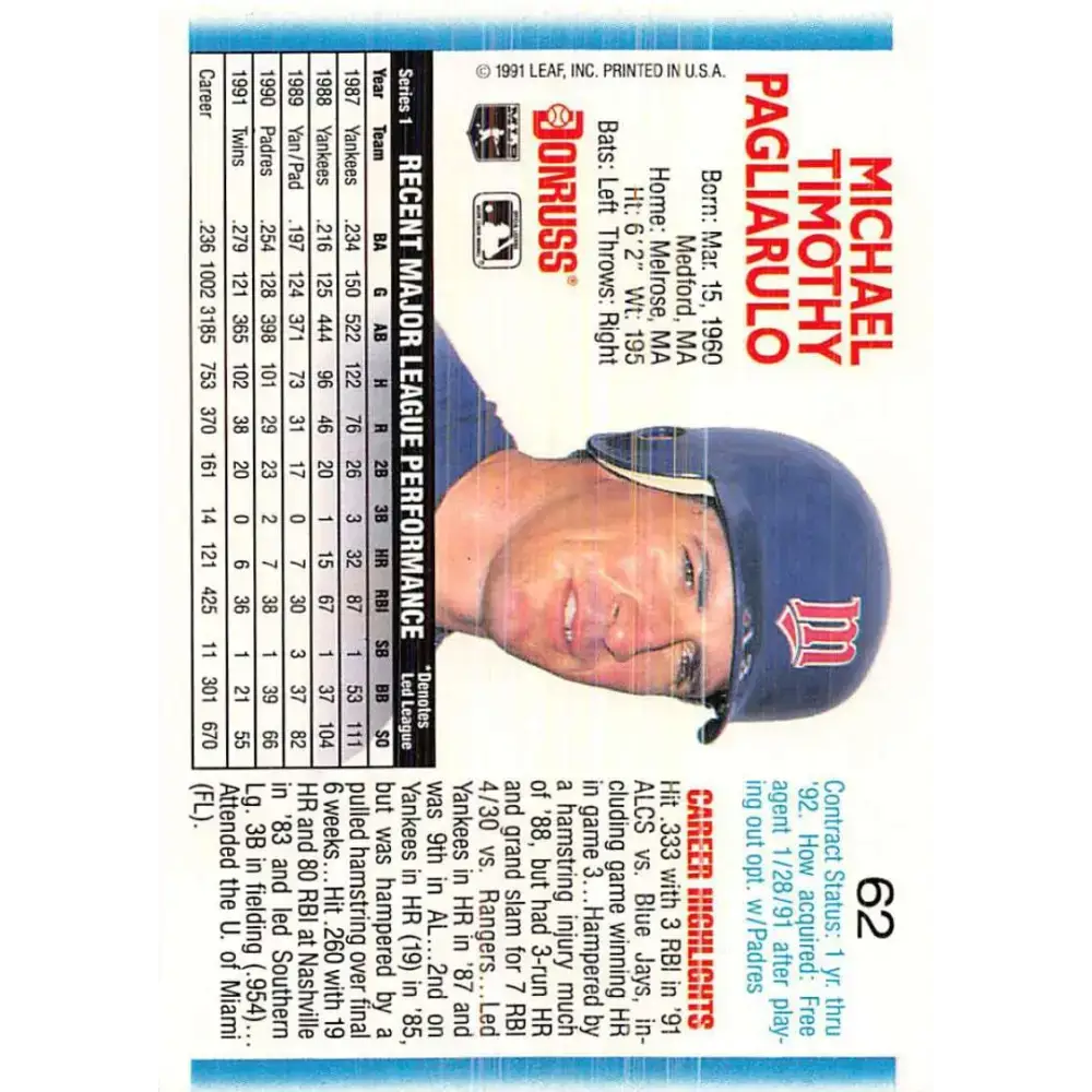1992 Donruss #62 Mike Pagliarulo NM-MT Minnesota Twins Baseball Card - Baseball Card Single