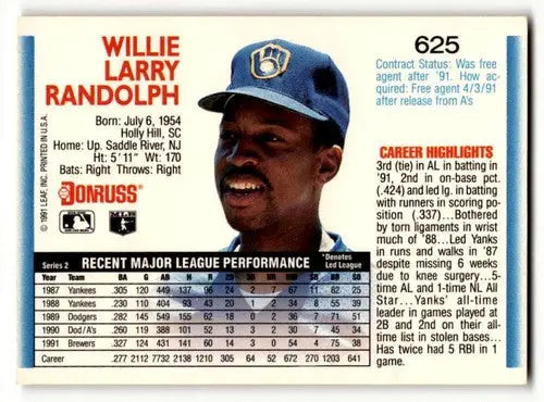 Original gloss Willie Randolph Milwaukee baseball card from 1992 Donruss #625