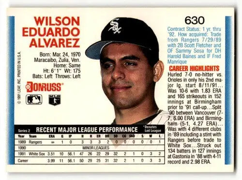 1992 Donruss #630 Wilson Alvarez Chicago White Sox Baseball Cards EX ID:54846 - Baseball Card Single