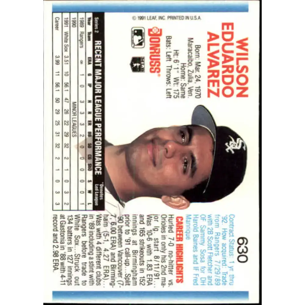 1992 Donruss #630 Wilson Alvarez NM-MT Chicago White Sox Baseball Card - Baseball Card Single