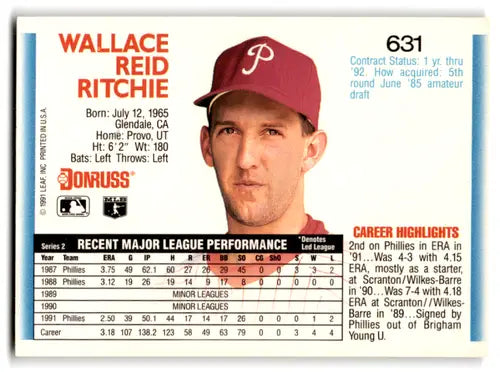 Wallace Reid Ritchie baseball card from 1992 Donruss featuring original gloss Mint Phillies ID 67158