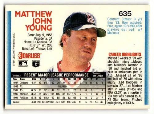 Original gloss Matt Young Boston baseball card from 1992 Donruss #635 Young Boston Red Sox