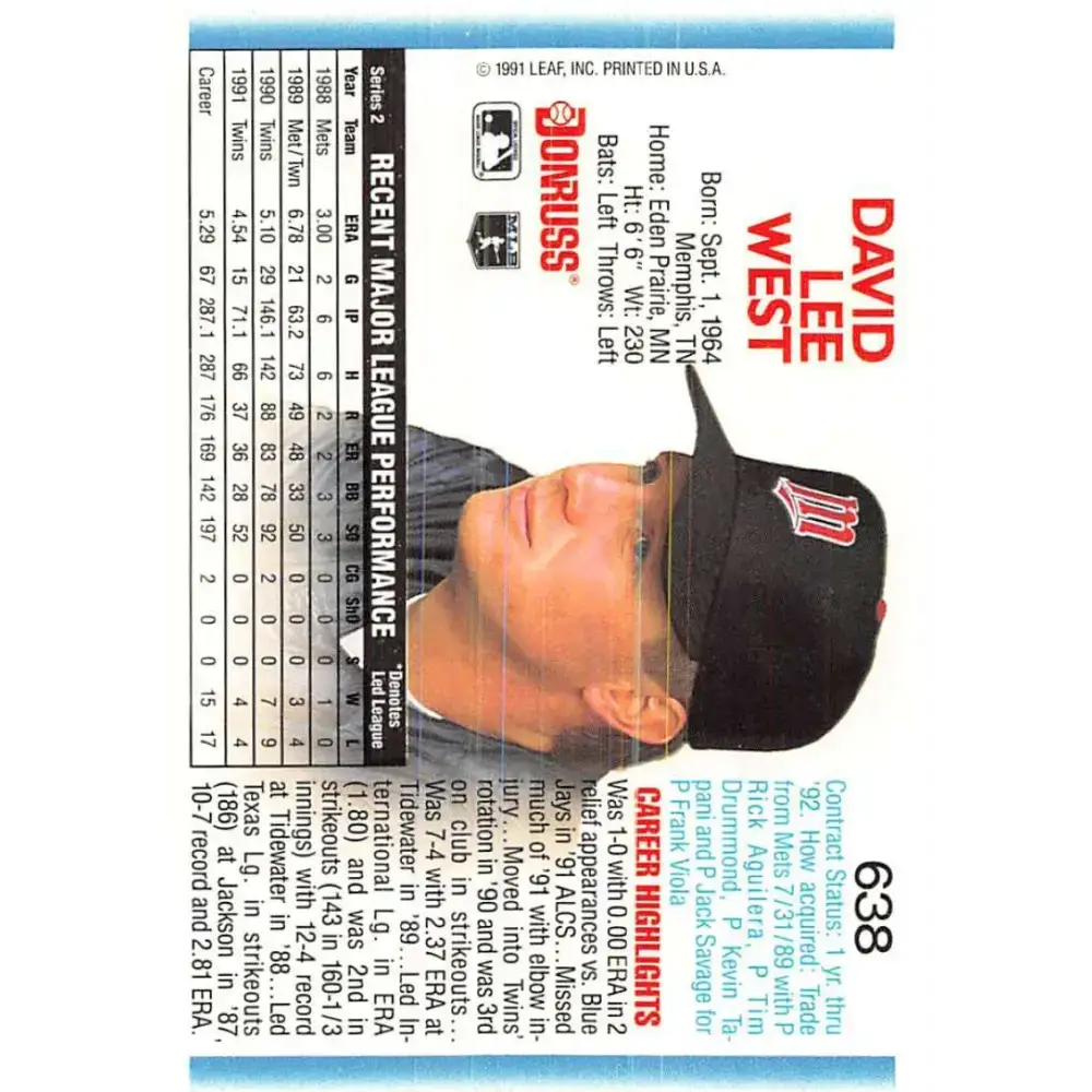 1992 Donruss #638 David West NM-MT Minnesota Twins Baseball Card - Baseball Card Single