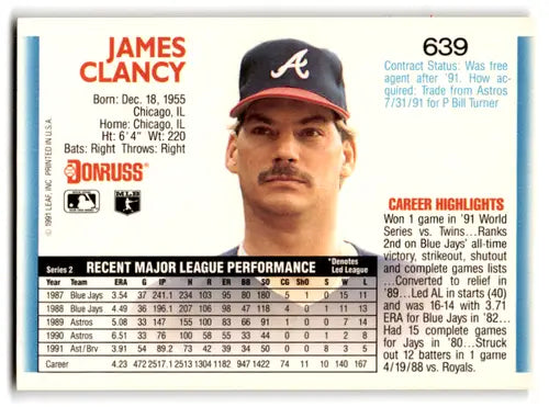 1992 Donruss #639 Jim Clancy NM Near Mint Braves ID:67159 - Baseball Card Single