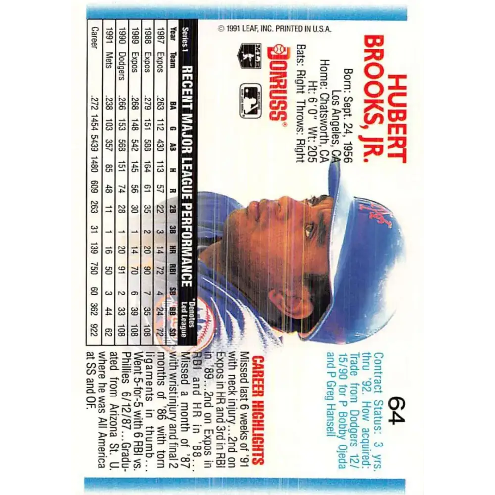1992 Donruss #64 Hubie Brooks NM-MT New York Mets Baseball Card - Baseball Card Single