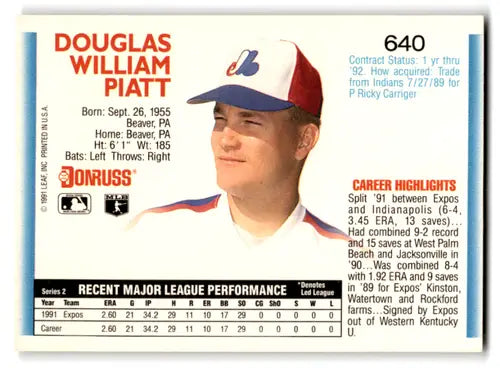 Original gloss Douglas William Piatt baseball card from 1992 Donruss Mint Expos
