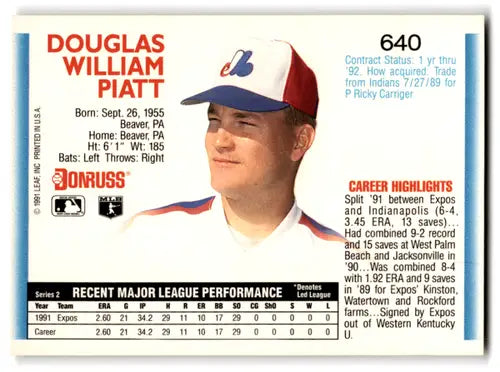 1992 Donruss #640 Doug Piatt NM Near Mint Expos UER ID:67174 - Baseball Card Single