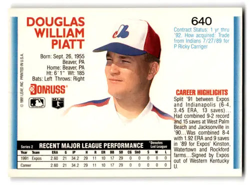 1992 Donruss #640 Doug Piatt NM Near Mint Expos UER ID:67175 - Baseball Card Single