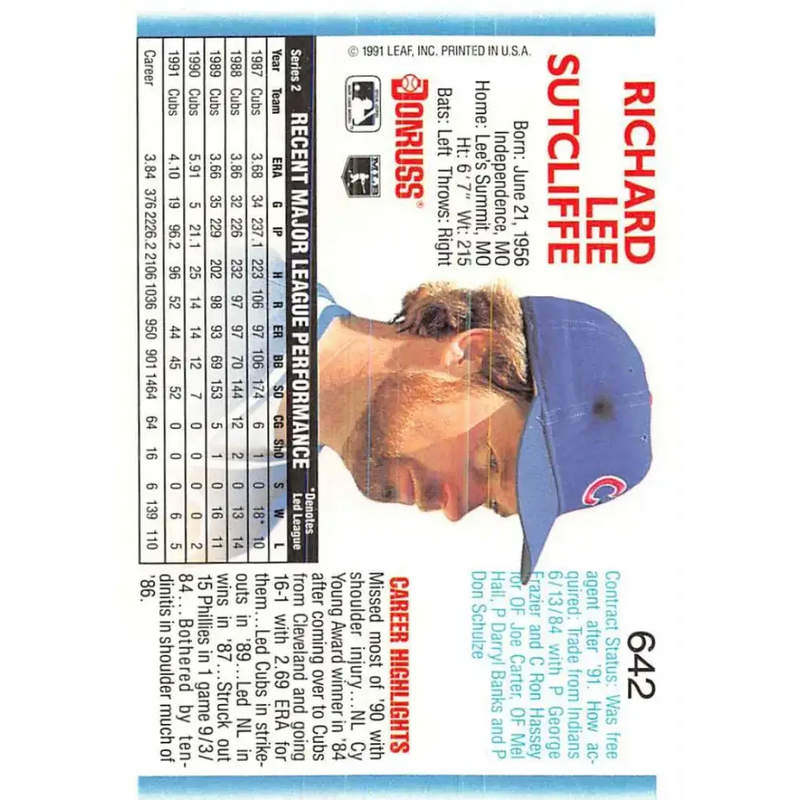 1992 Donruss #642 Rick Sutcliffe NM-MT Chicago Cubs Baseball Card - Baseball Card Single