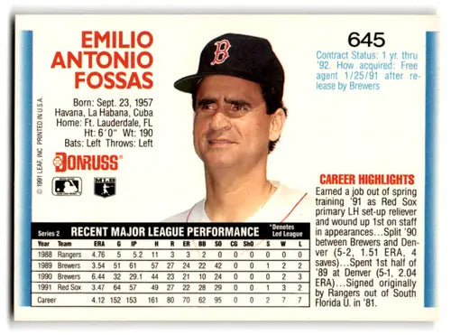 Emilio Antonio Fossas baseball card from 1992 Donruss featuring Tony Fossas and mint Red Sox style