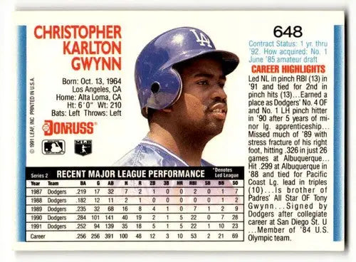 Original gloss Chris Gwynn Los Angeles Dodgers baseball card 1992 Donruss #648