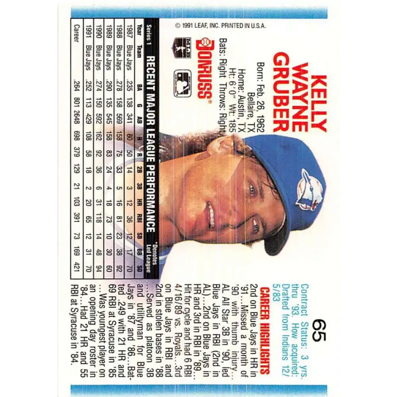1992 Donruss #65 Kelly Gruber NM-MT Toronto Blue Jays Baseball Card - Baseball Card Single
