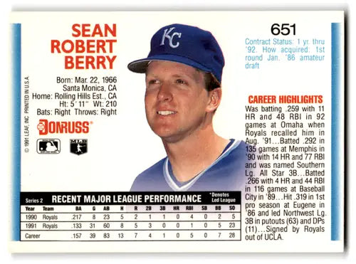 Original gloss Sean Berry baseball card featuring mint Royals from 1992 Donruss #651
